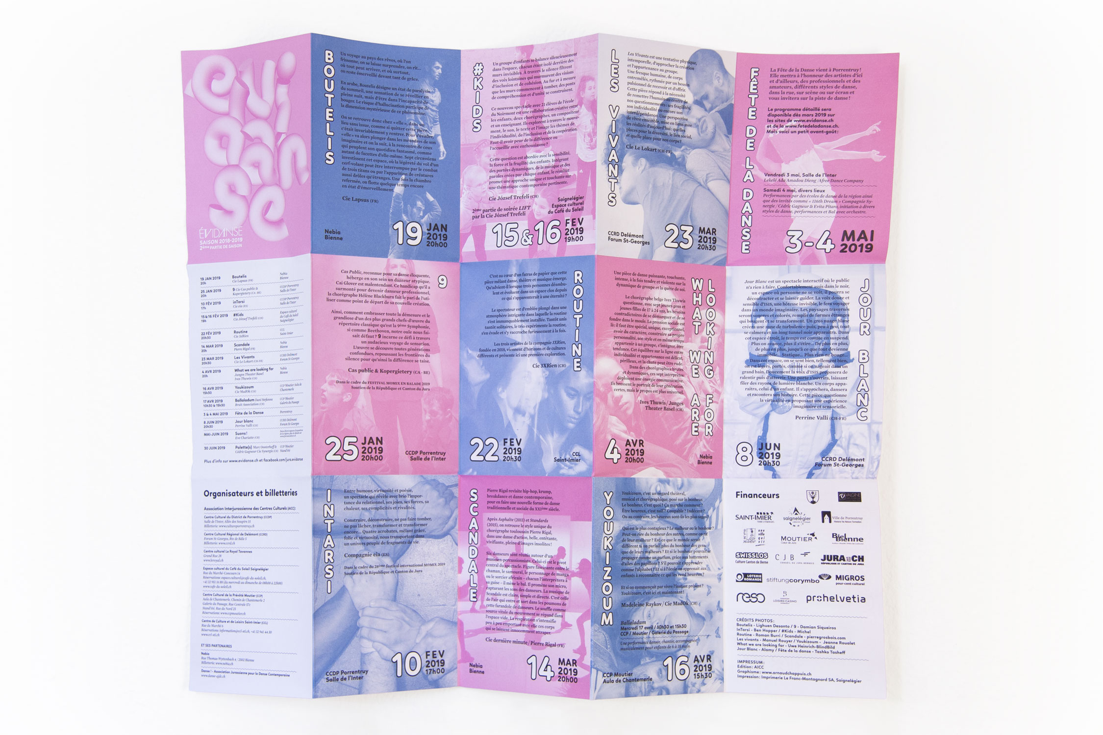 evidanse 2018-2019 dépliant programmation  - edition aicc - crédits photo Die Strasse Aline Fournier - 116th dream Isabelle Meister Bienvenue Augustin Rebetez Cartoon Ioulia Zacharaki - Un Poyo Rojo Paola Evelina - Eins Zwei Drei Nelly Rodriguez - Robot, l’amour éternel Gregory Batardon - Jonction Éric Lamoureux - Fête de la danse Nicolas de Neve - édition AICC - impression le franc-montagnard sa - graphisme arnaud chappuis
